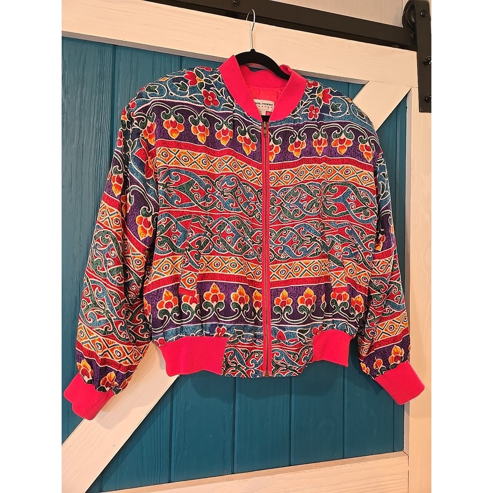 Vintage Carol Horn Workshop Bomber Jacket Floral Silk Zip Up Long Sleeve Size S